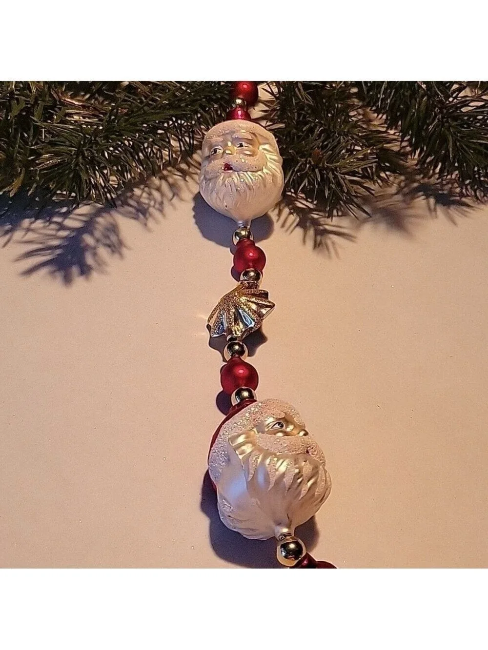 Glass Molded Shimmery Santa Face/Gold Star Christmas Tree Garland